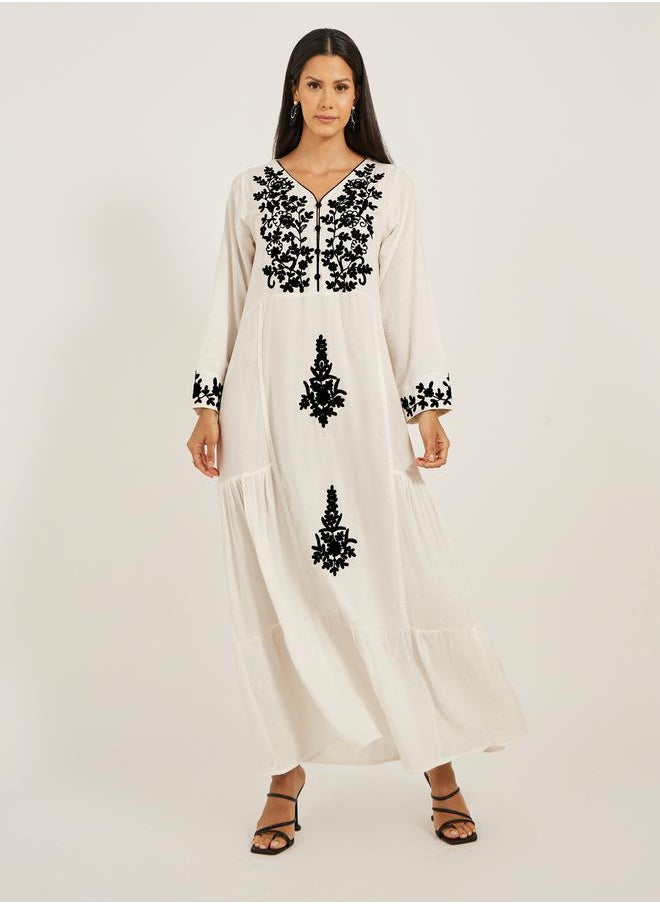 Maxim Creation - Embroidered V-Neck A-Line Tiered Kaftan by Styli - Image 1