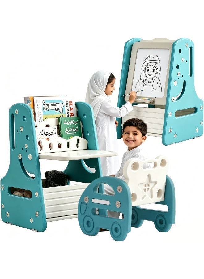 فيكالو طقم طاولة وكراسي للأطفال، حامل لوحات قابل للتحويل 3 في 1 ورف عرض للكتب مع لوح رسم مغناطيسي، رف تخزين سفلي، طقم طاولة أنشطة للأطفال للرسم والقراءة - Image 1
