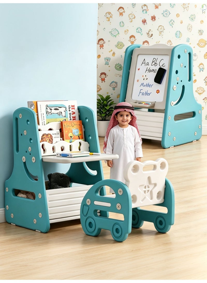Vicalo Kids Table and Chair Set, 3 in 1 Convertible Art Easel & Display Bookshelf w/Magnetic Painting Board, Bottom Storage Shelf, Children Activity Table Set for Drawing Reading - Image 1