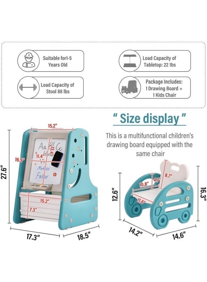 Vicalo 3-in-1 Kids Art Easel Table & Chair Set, Blue - Image 2