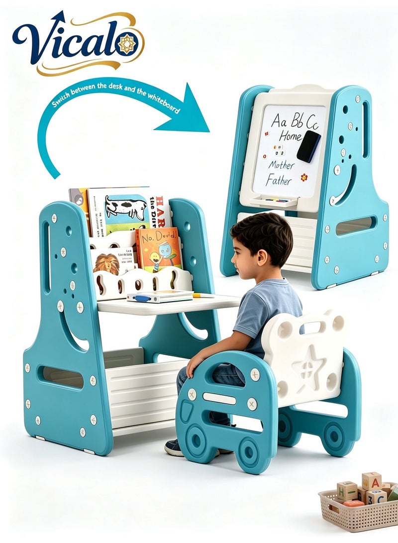 Vicalo 3-in-1 Kids Art Easel Table & Chair Set, Blue - Image 1