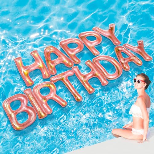 Shappy 20 Happy Birthday Pool Large Floating Letter Balloons with Adhesive Dots Inflatable Pool Decorations for Summer Birthday PartyRose Gold - Image 1