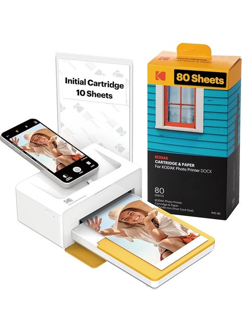 KODAK Dock Plus 4PASS Instant Photo Printer (4x6 inches) + 90 Sheets Bundle (10 Initial Sheets + 80 Sheet Pack)