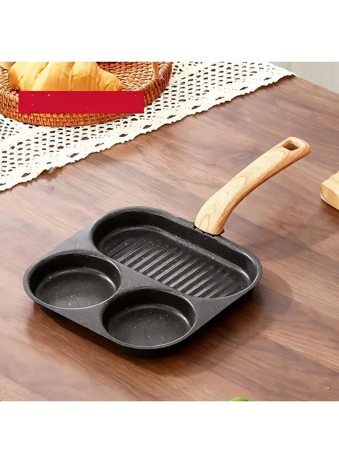 مقلاة سوداء بمقبض ذو حبيبات خشبية، مصنوعة من الحديد الزهر الثقيل، غير لاصقة، مناسبة للبيض، متوافقة مع الحث، تستخدم مع مواقد الغاز والكهرباء. - Image 1