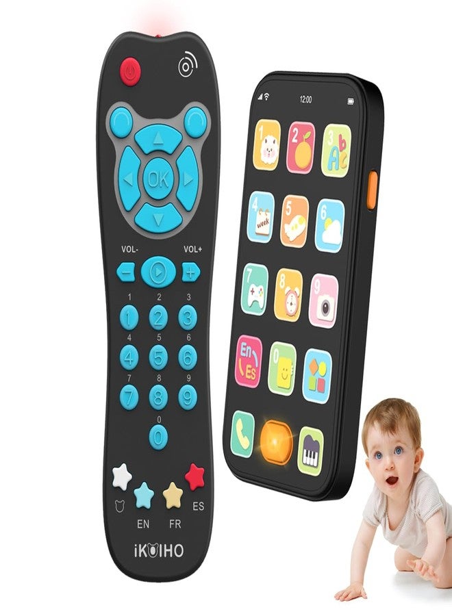 iKOIHO Toy Phone Baby Remote Control Toy Set, Play Phones TV Remote Control with Music Light for 6+ Months, Early Learning Baby Toys Gift for 1 Year Old Boys Girls Toddler Infant Kids, English/Spanish, Blue - Image 1
