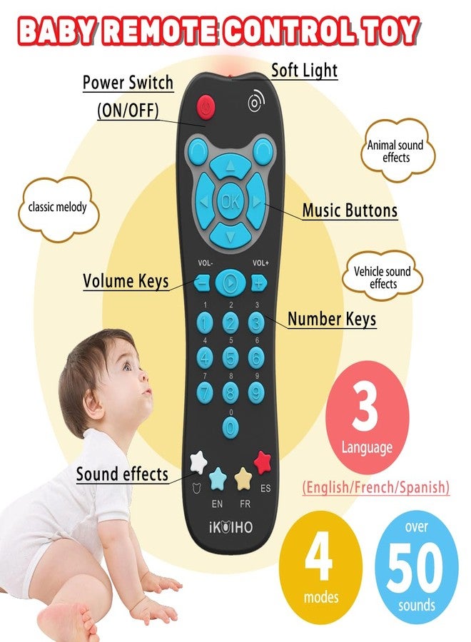 iKOIHO Toy Phone Baby Remote Control Toy Set, Play Phones TV Remote Control with Music Light for 6+ Months, Early Learning Baby Toys Gift for 1 Year Old Boys Girls Toddler Infant Kids, English/Spanish, Blue - Image 3