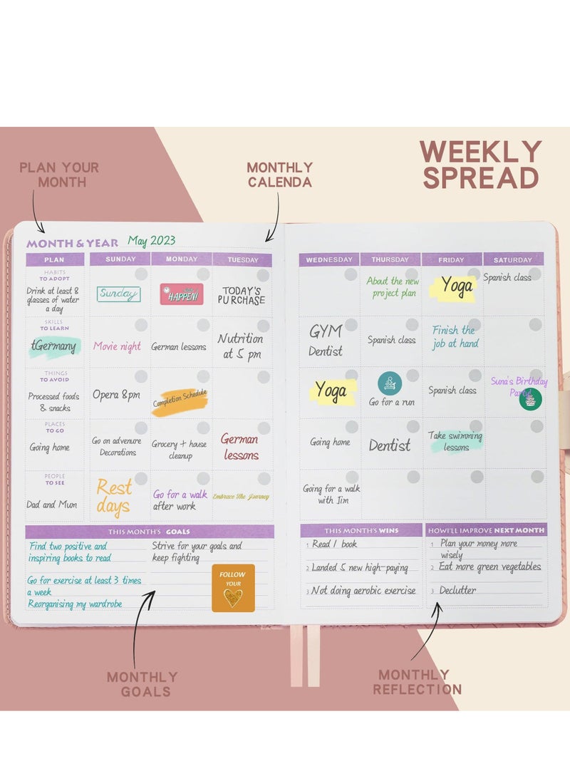 Y&D - Weekly and Monthly Planner Dairy, Schedule with Time Slots, Appointment Book, Organizer Notebook & Productivity Journal Stickers, A5 Size Planner, Undated, Start Any (Pink) - Image 1