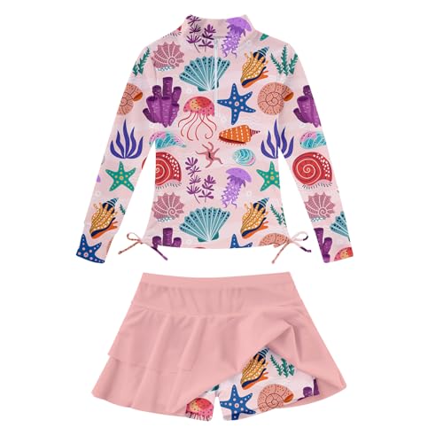 Vogseek 5-6 Year Old Kids Girl Long Sleeve Shirts Swimwear with Cover Up Skirts Cute 5t 6t Child Pink Hawaiian Bathing Suits for Little Girl's Size 5-6 Beach Rash Guard Swimsuits Daughter 2pcs Swimming Sets - Image 1