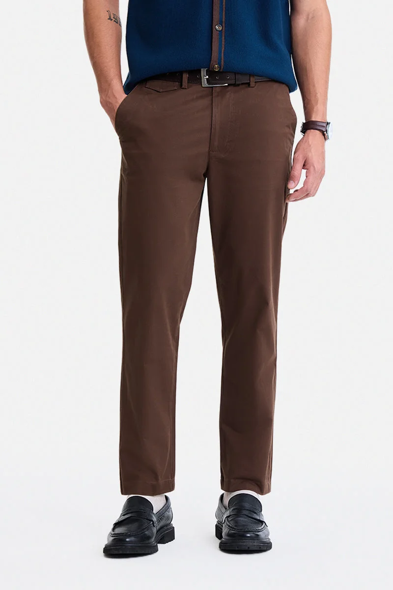 SNITCH Brown Solid Slim Fit Festive Trousers
