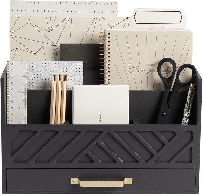Blu Monaco | Grey Wooden Desk Organizer With Drawer | MDF Wood Desktop Organizer With Gold Handle | Multi-Compartment Desk Storage For Office Stationery | Home Office Organization - Image 1