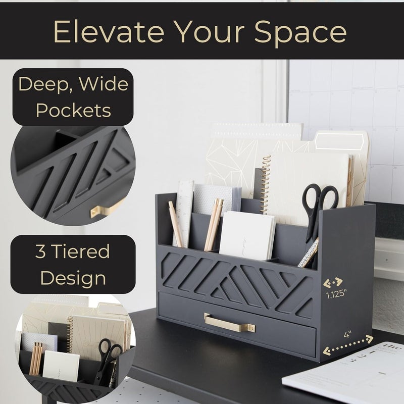 Blu Monaco | Grey Wooden Desk Organizer With Drawer | MDF Wood Desktop Organizer With Gold Handle | Multi-Compartment Desk Storage For Office Stationery | Home Office Organization - Image 3