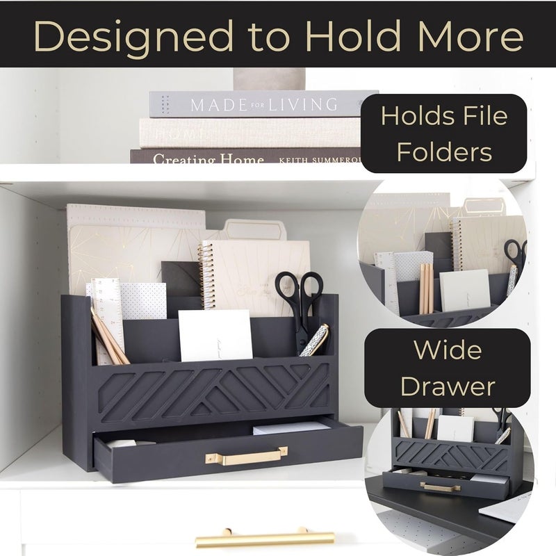 Blu Monaco | Grey Wooden Desk Organizer With Drawer | MDF Wood Desktop Organizer With Gold Handle | Multi-Compartment Desk Storage For Office Stationery | Home Office Organization - Image 4
