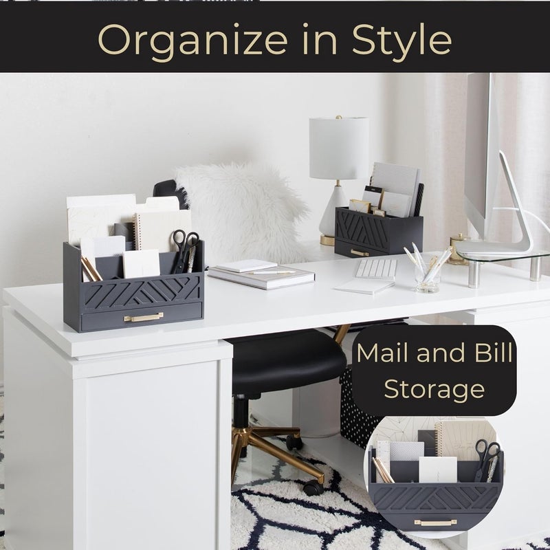 Blu Monaco | Grey Wooden Desk Organizer With Drawer | MDF Wood Desktop Organizer With Gold Handle | Multi-Compartment Desk Storage For Office Stationery | Home Office Organization - Image 2
