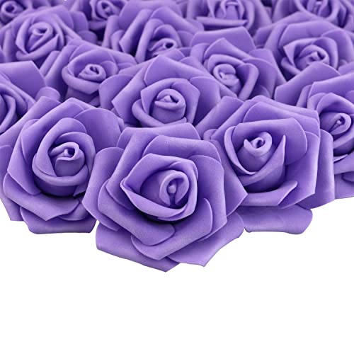 Lightingsky 3 x 16 x 3 inches 100pcs DIY Real Touch 3D Artificial Foam Rose Head Without Stem for Wedding Party Home Decoration Purple