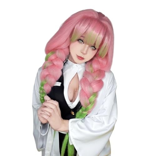 Nuoqi Mitsuri Cosplay Wig Kanroji Mitsuri Wig 3 Braided Hair Womens Pink Green Cosplay Wigs Halloween - Image 3