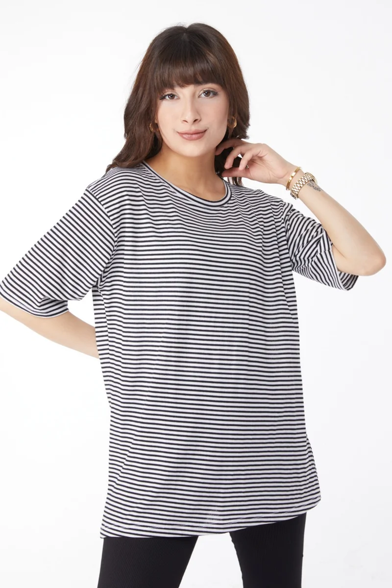 Tofisa Plain Crew Neck Women's Black Striped T-Short - 25119