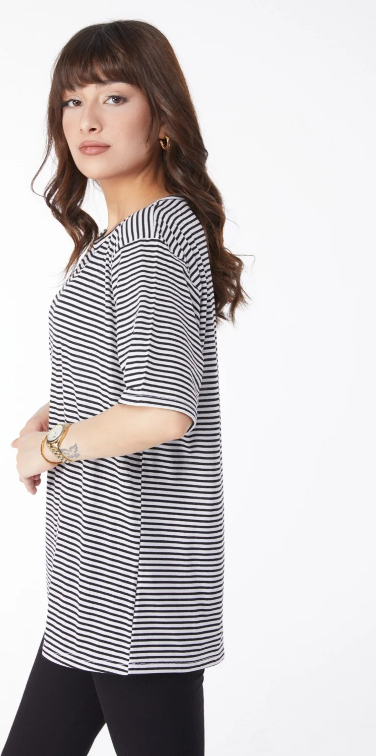 Tofisa Plain Crew Neck Women's Black Striped T-Short - 25119