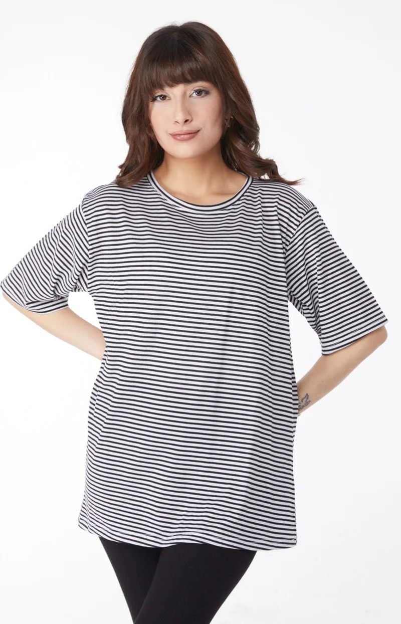 Tofisa Plain Crew Neck Women's Black Striped T-Short - 25119