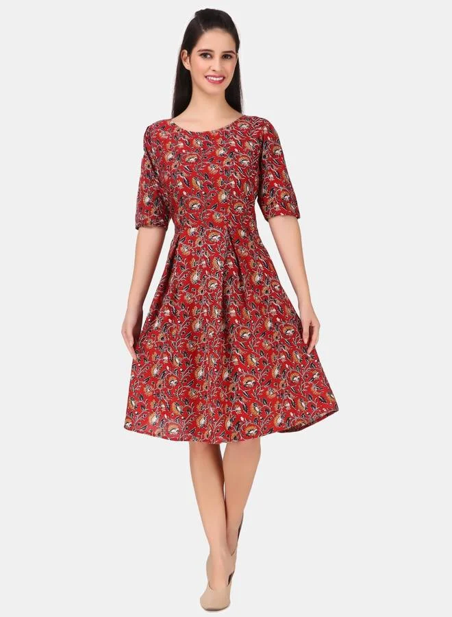 House Of Raeli Maroon A-Line Floral Knee-Length Dress with 3/4 Sleeves