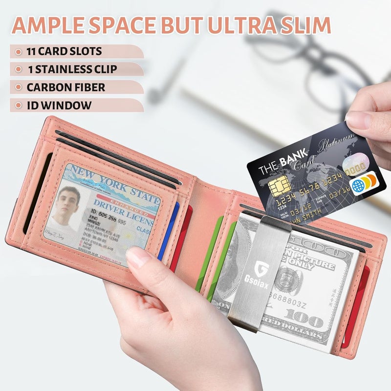 GSOIAX محفظة الرقيقة للرجال، مزودة بحماية ضد تقنية RFID، تصميم مزدوج الأجزاء، مصنوعة من جلد أصلي وألياف كربونية، تحتوي على حامل لبطاقات الائتمان، باللون الوردي الكريمي، رفيعة الوزن، مع صندوق هدايا. - Image 4