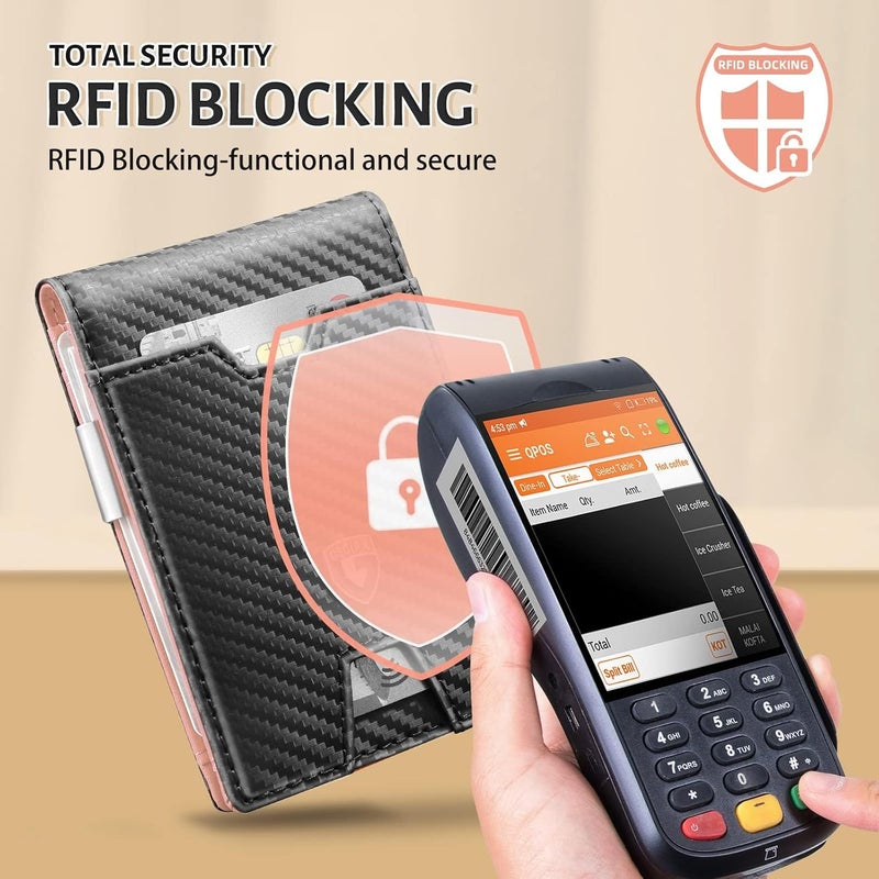 GSOIAX محفظة الرقيقة للرجال، مزودة بحماية ضد تقنية RFID، تصميم مزدوج الأجزاء، مصنوعة من جلد أصلي وألياف كربونية، تحتوي على حامل لبطاقات الائتمان، باللون الوردي الكريمي، رفيعة الوزن، مع صندوق هدايا. - Image 5