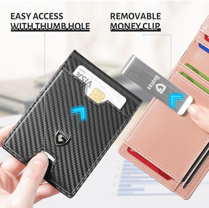 GSOIAX محفظة الرقيقة للرجال، مزودة بحماية ضد تقنية RFID، تصميم مزدوج الأجزاء، مصنوعة من جلد أصلي وألياف كربونية، تحتوي على حامل لبطاقات الائتمان، باللون الوردي الكريمي، رفيعة الوزن، مع صندوق هدايا. - Image 3