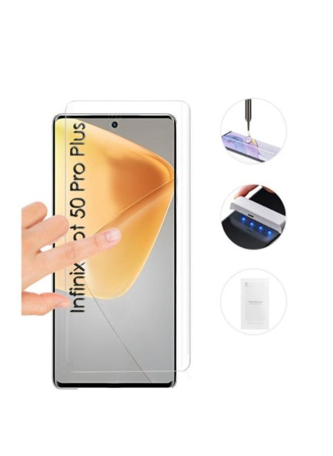 UV Full Curved Edge Tempered Glass Shield Easy Install Kit for Infinix Hot 50 Pro Plus
