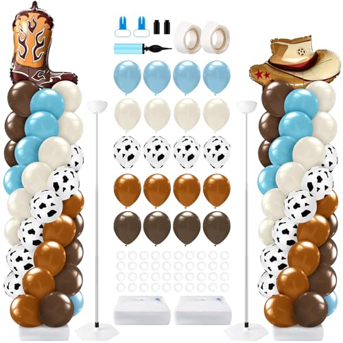Kasyat 2 Set Western Cowboy Balloon Column Stand Kit Brown Slate Blue Dusty Blue Sand White Cow Print Balloons Garland Arch Kit for Farm Western Cowboy Baby Shower Birthday Party Decorations - Image 1