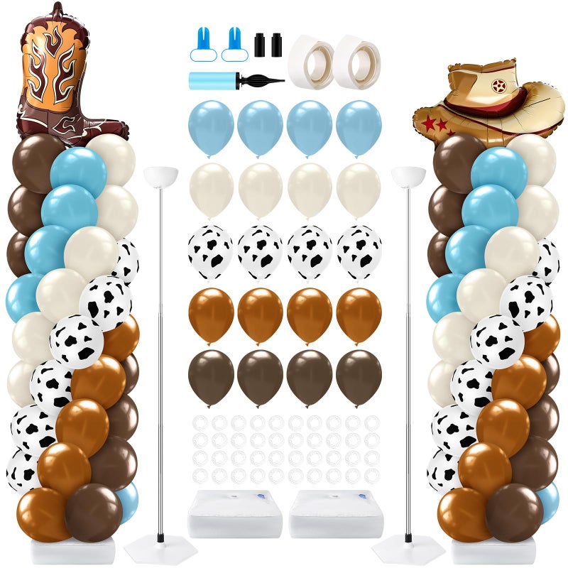 Kasyat 2 Set Western Cowboy Balloon Column Stand Kit Brown Slate Blue Dusty Blue Sand White Cow Print Balloons Garland Arch Kit for Farm Western Cowboy Baby Shower Birthday Party Decorations - Image 3