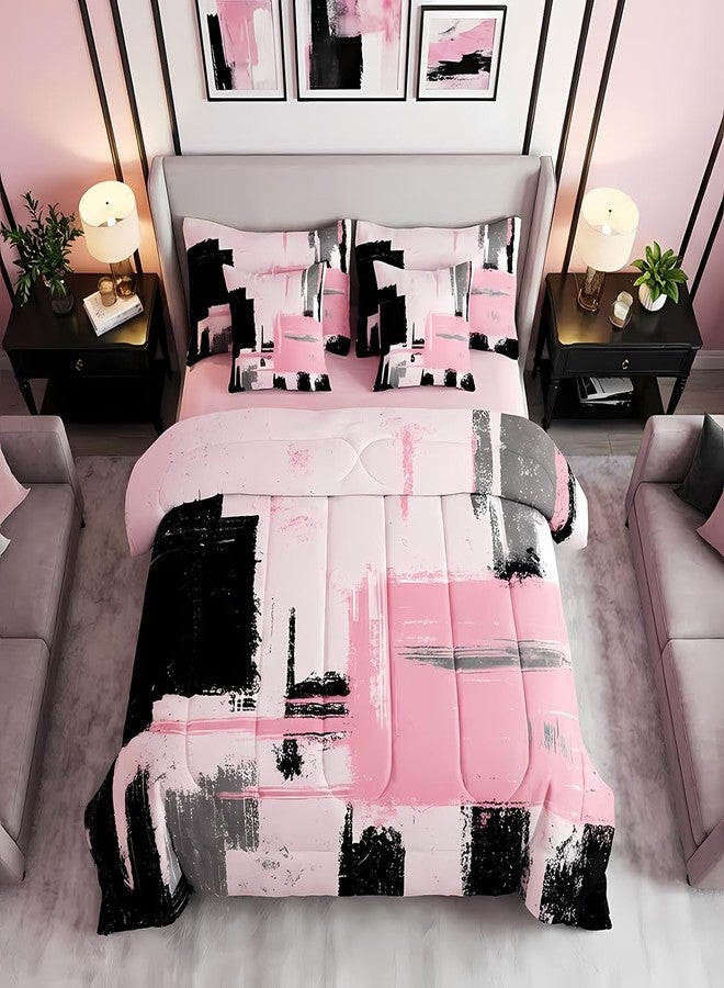 Feelyou Abstract Bed Set Includes Comforter, Sheet Set, Pillowcases & Pillow Covers Modern Abstract Art 7 Piece Bedding Set Children Pink Black Pattern Bedding Set Twin Size - Image 1