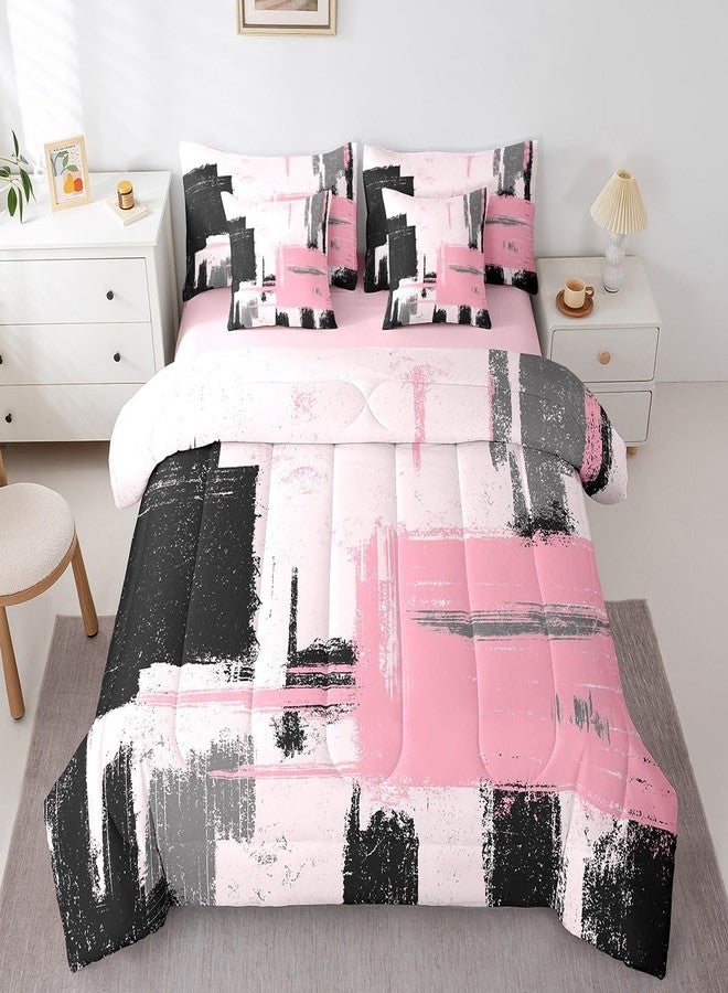 Feelyou Abstract Bed Set Includes Comforter, Sheet Set, Pillowcases & Pillow Covers Modern Abstract Art 7 Piece Bedding Set Children Pink Black Pattern Bedding Set Twin Size - Image 3