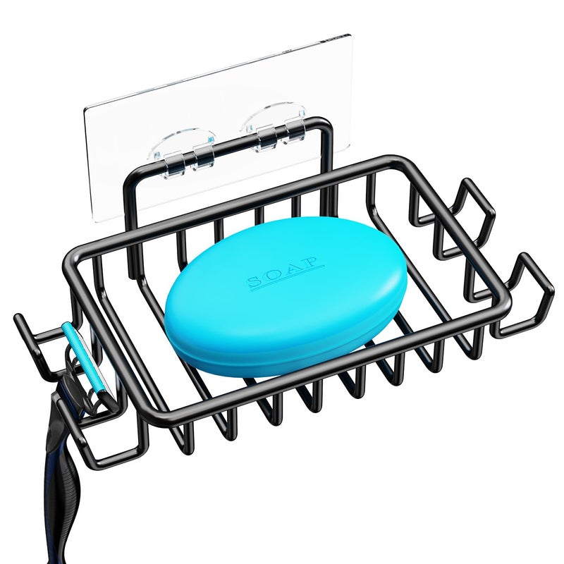 Nieifi Soap Dish Holder with 4 Hooks Stainless Steel Black Adhesive for Shower, Bathroom - Image 1