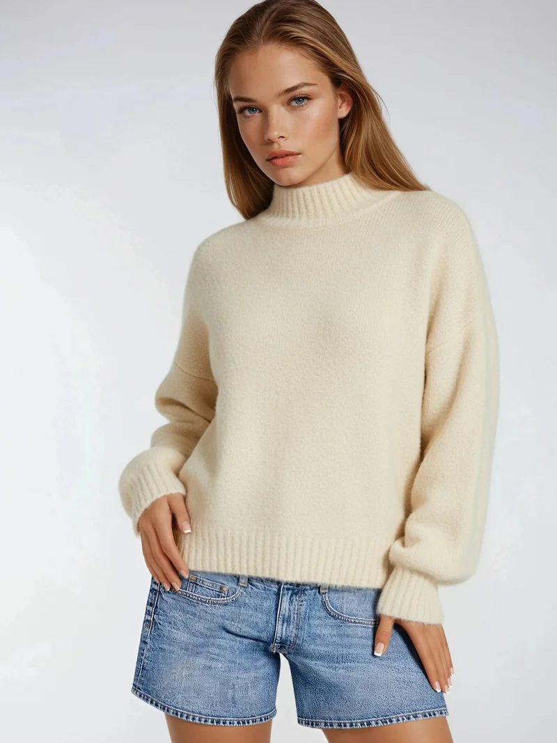 Mixray Natural Mixray Relaxed Fit Crew Neck Thick Knit Sweater for Women | Best Price UAE