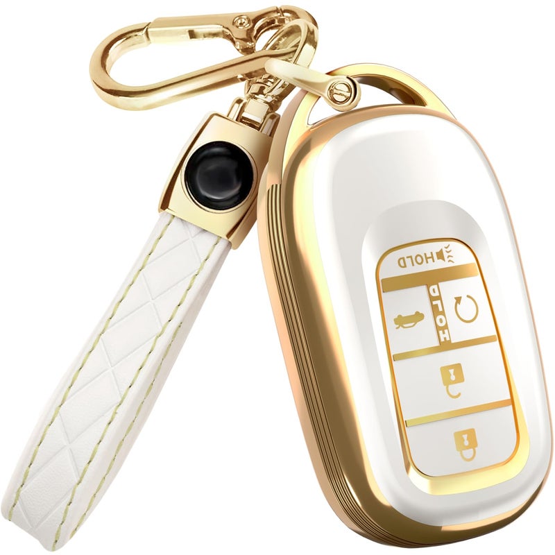 Lucrum Compatible with Honda Key Fob Cover & Leather Keychain - TPU Keyfob Case for Accord Civic CR-V HR-V Pilot Ridgeline, For 5 Button Remote (2022-2026) - White and Gold - Image 1