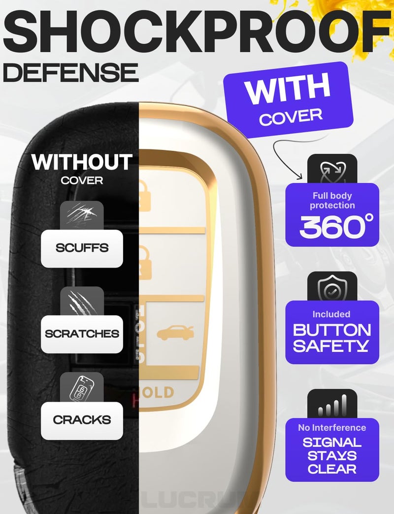 Lucrum Compatible with Honda Key Fob Cover & Leather Keychain - TPU Keyfob Case for Accord Civic CR-V HR-V Pilot Ridgeline, For 5 Button Remote (2022-2026) - White and Gold - Image 4