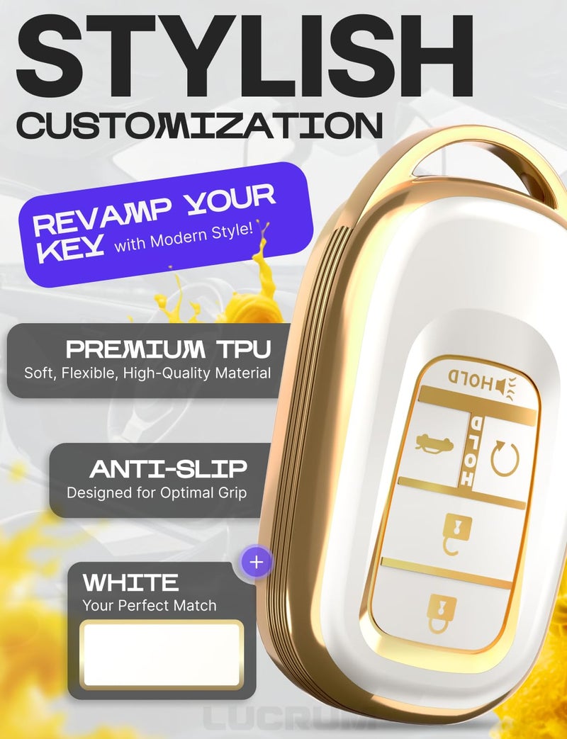 Lucrum Compatible with Honda Key Fob Cover & Leather Keychain - TPU Keyfob Case for Accord Civic CR-V HR-V Pilot Ridgeline, For 5 Button Remote (2022-2026) - White and Gold - Image 3