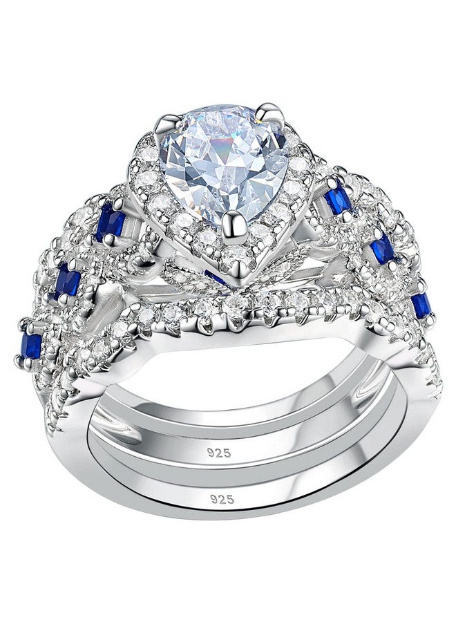 Newshe Jewellery طقم خاتم خطوبة وزفاف Aaaaa Cz 925 فضة استرلينية 3 قطع 3.0 قيراط شكل كمثرى حجر كريم أبيض أزرق مقاس 9 - Image 1