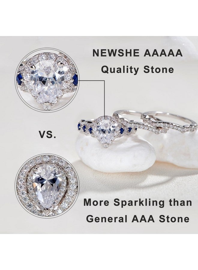 Newshe Jewellery طقم خاتم خطوبة وزفاف Aaaaa Cz 925 فضة استرلينية 3 قطع 3.0 قيراط شكل كمثرى حجر كريم أبيض أزرق مقاس 9 - Image 2
