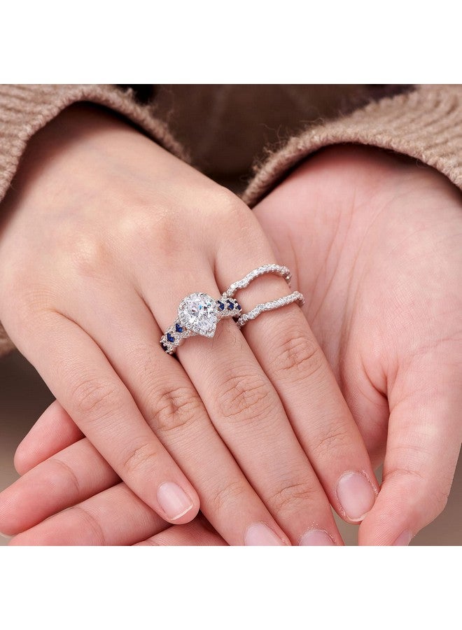 Newshe Jewellery طقم خاتم خطوبة وزفاف Aaaaa Cz 925 فضة استرلينية 3 قطع 3.0 قيراط شكل كمثرى حجر كريم أبيض أزرق مقاس 9 - Image 5