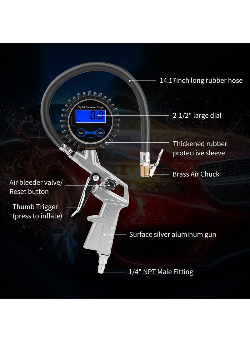 SYOSI - Digital Tire Pressure Gauge with Inflator, 0-150 PSI, Precision Air Chuck, 0.1 Display Resolution, Compatible with Air Compressor for Wheel Inflation - Image 1