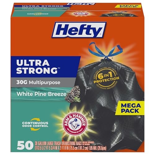 Hefty Ultra Strong 30 Gallon Trash Bags Large Trash Bags 30 Gallon Size Multipurpose Break Resistant Drawstring Closure Resists Leaks Punctures and Tears Black White Pine Breeze Scent 50 Bags - Image 2