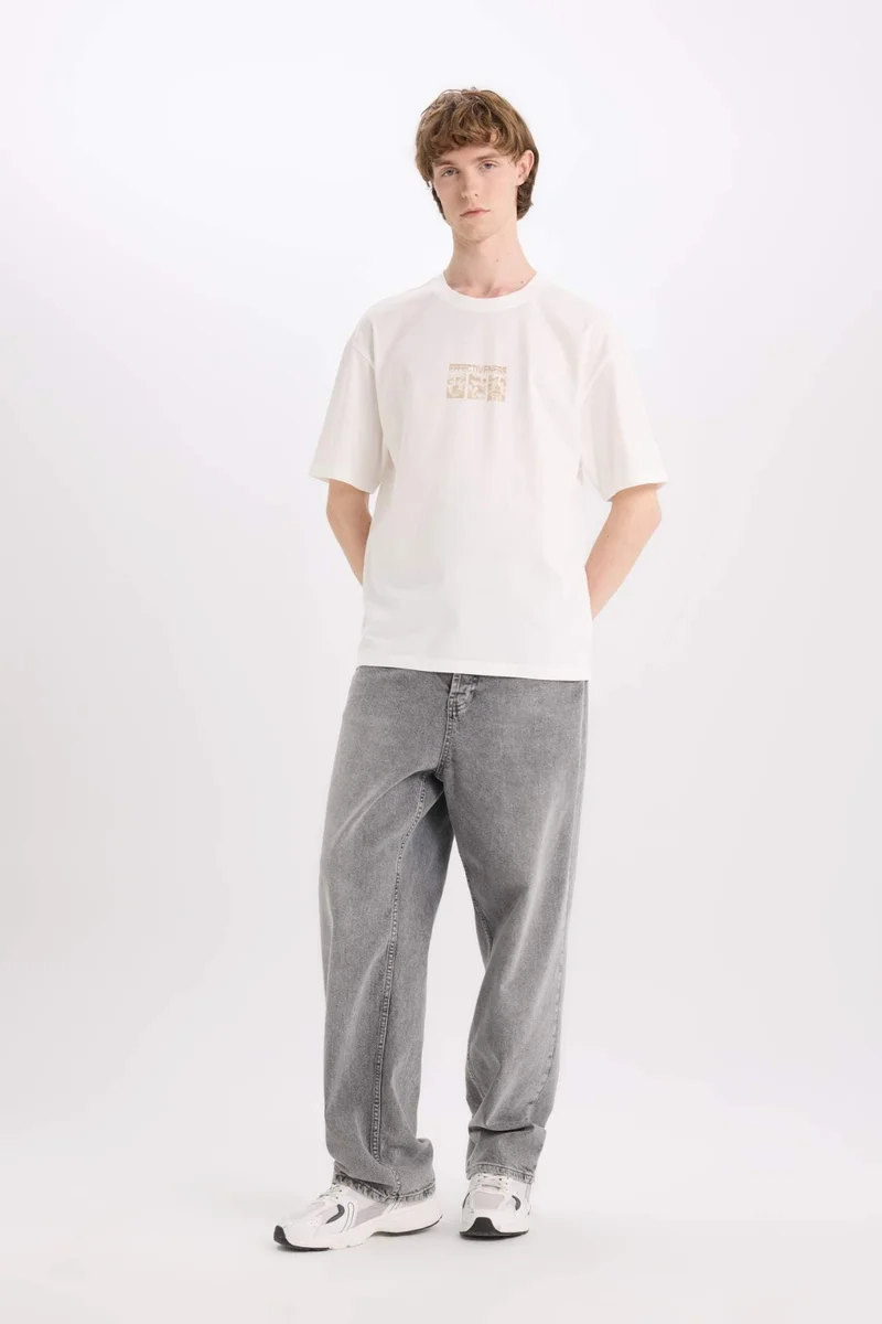 ديفاكتو Cotton Boxy Fit Crew Neck Back Printed T-Shirt