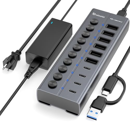 xiaobi Powered USB Hub, 10-Port USB C Hub with 6 USB-A 3.2, 4 USB-C 3.2 Ports, Individual Switches and 12V/5A Power Adapter, Aluminum USB Extension for MacBook, Laptop/PC and More. - Image 1