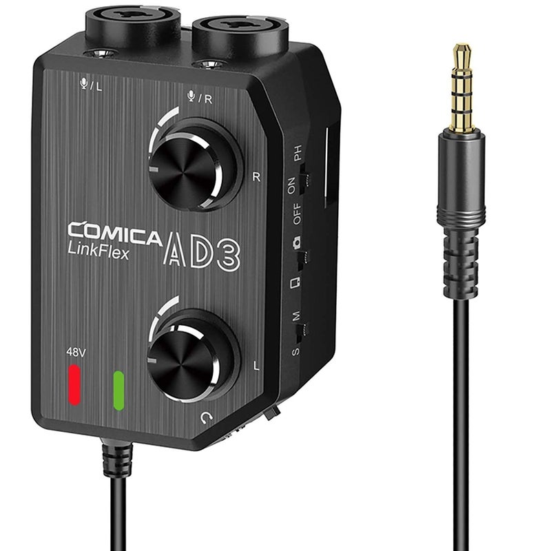 Comica LINKFLEX.AD3 2-Channel XLR/3.5mm/6.35mm Microphone Audio Mixer Preamp with Phantom Power, Guitar Audio Interface Microphone for DSLR Cameras Camcorders iPhone iPad Mac and Android Smartphones - Image 1