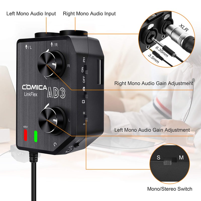 Comica LINKFLEX.AD3 2-Channel XLR/3.5mm/6.35mm Microphone Audio Mixer Preamp with Phantom Power, Guitar Audio Interface Microphone for DSLR Cameras Camcorders iPhone iPad Mac and Android Smartphones - Image 3