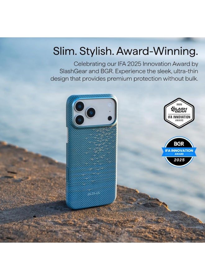 PITAKA حافظة بيتاكا لجهاز آيفون 17 برو ماكس 6.9" مع زر التحكم في الكاميرا، متوافقة مع ماغسيف، حافظة فائقة النحافة مع شعور لمسي بدون حافظة، ألياف أراميد 1500D مع لمسات من الذهب - أزرق شفاف - Image 5