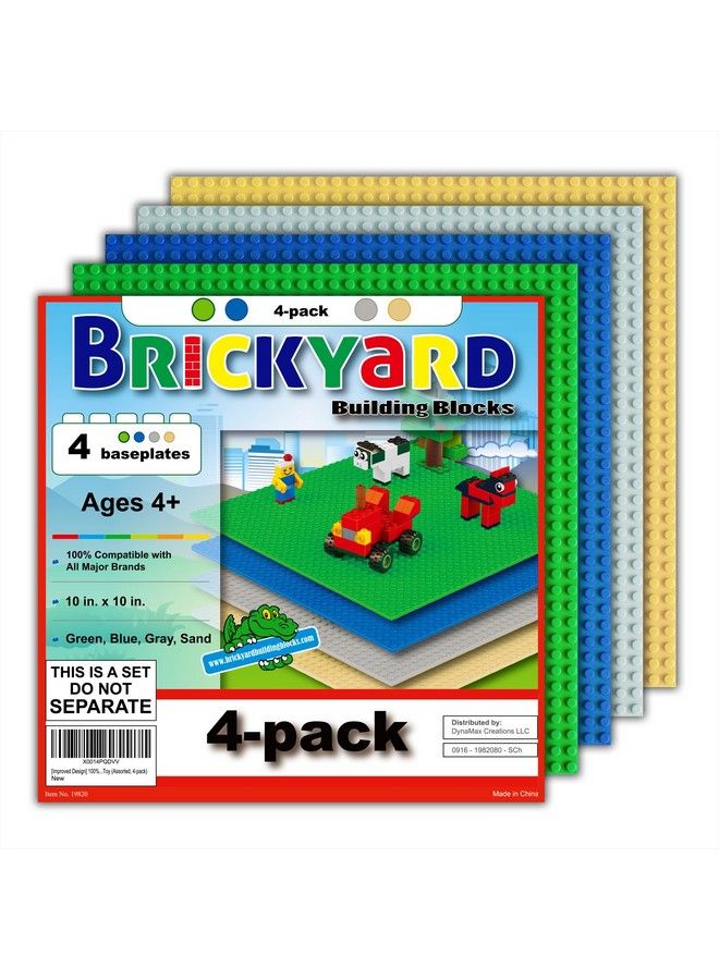 Brickyard Building Blocks Lego Compatible Baseplate Pack Of 4 Large 10 X 10 Inch Base Plates For Toy Bricks, Stem Activities & Display Table Green, Blue, Gray, Sand - Image 1