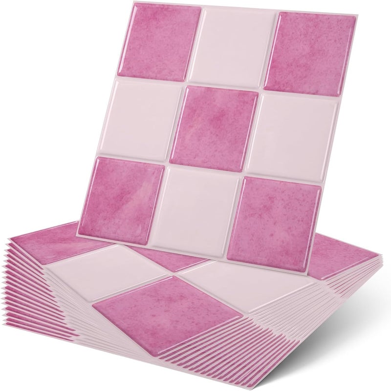 Nuanchu 20 Pcs Peel and Stick Backsplash 7.75" x 7.75" 3D Adhesive Pink and Warm White Checkered Peel and Stick Wall Tiles Waterproof Backsplash for Kitchen Bathroom Fireplace - Image 1