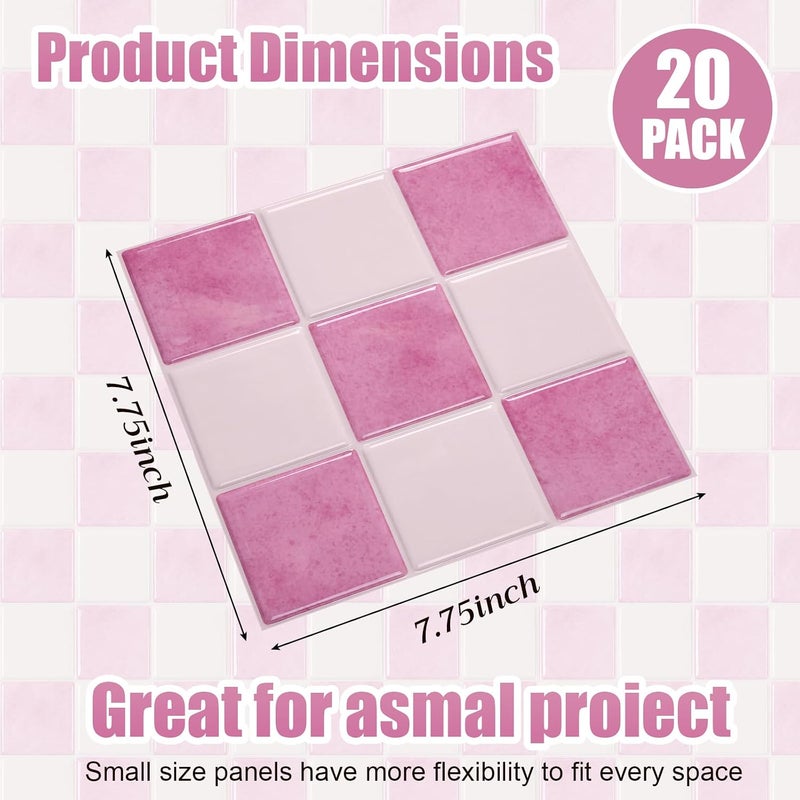 Nuanchu 20 Pcs Peel and Stick Backsplash 7.75" x 7.75" 3D Adhesive Pink and Warm White Checkered Peel and Stick Wall Tiles Waterproof Backsplash for Kitchen Bathroom Fireplace - Image 2