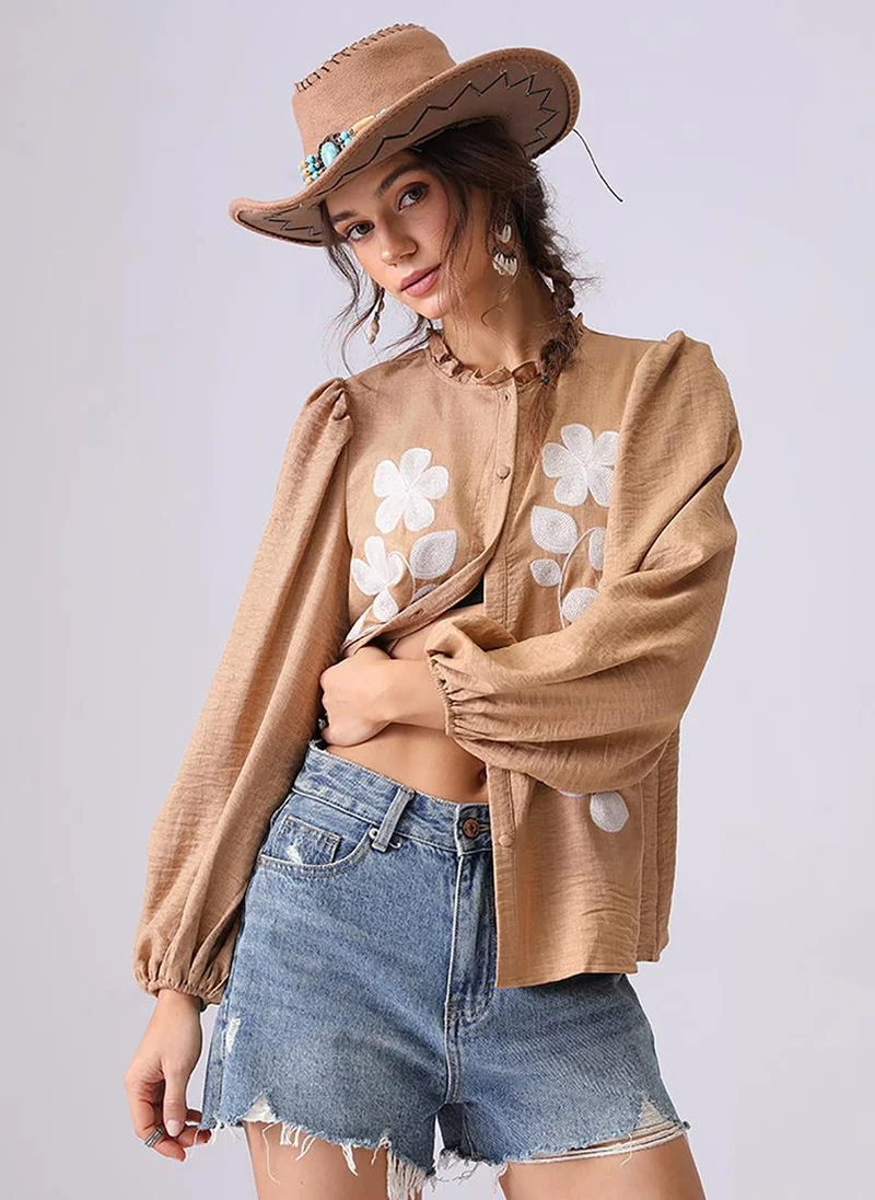 يونيكي Khaki Band Collar Puff Sleeves Relaxed Fit Shirt